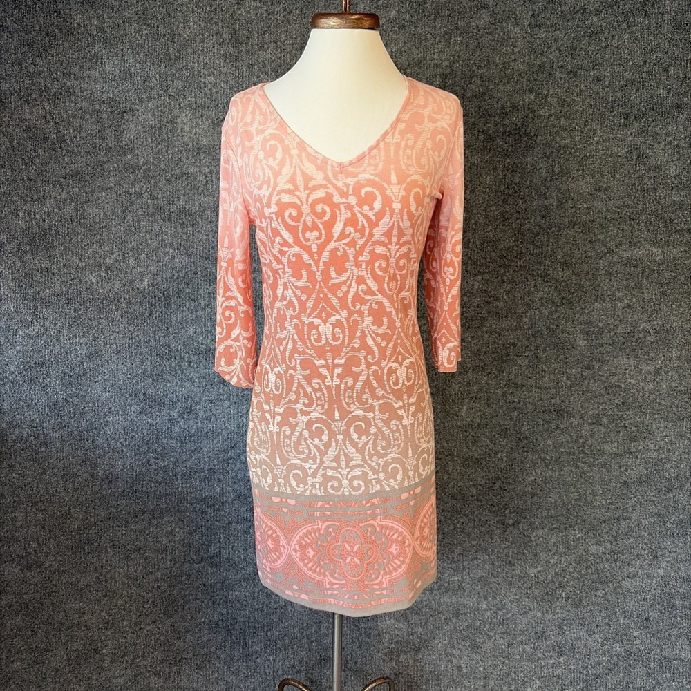 Dakini Summer Dress Women SP Peach 3/4 Sleeve V-Neck Knee Length Damask Print
